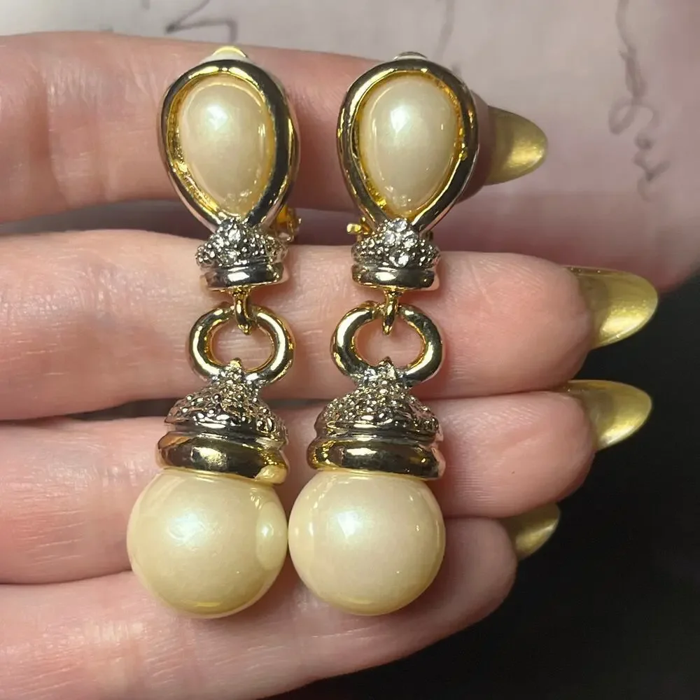 Vintage 1990s Elevated Gold Tone and Faux Pearl Dangle Clip On Earrings
